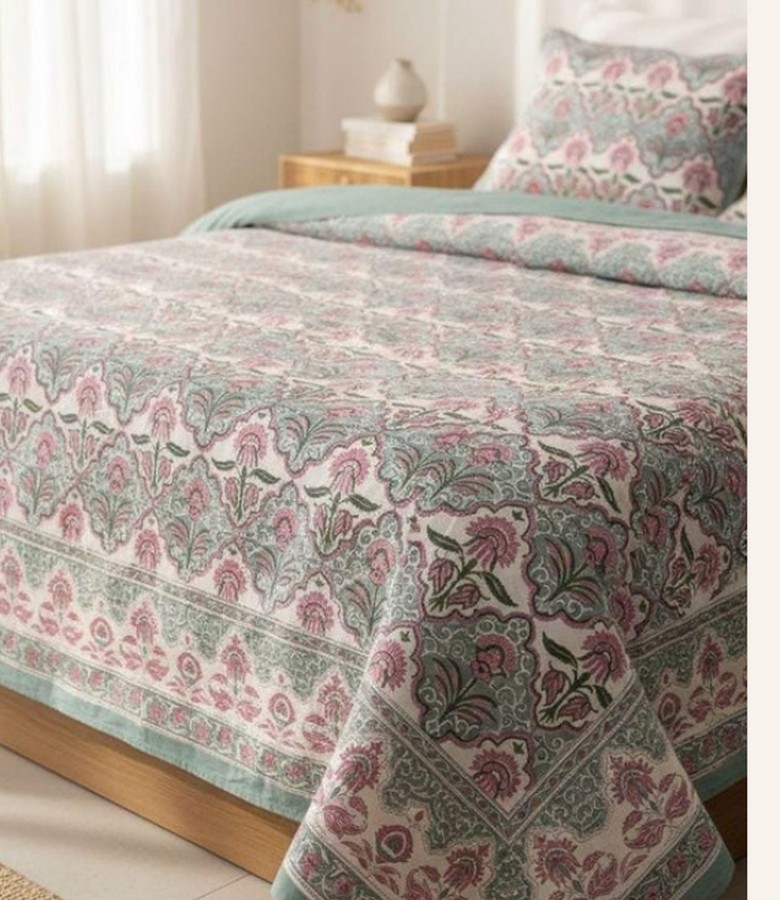 Patterned Vingrow bedsheet in a bright bedroom