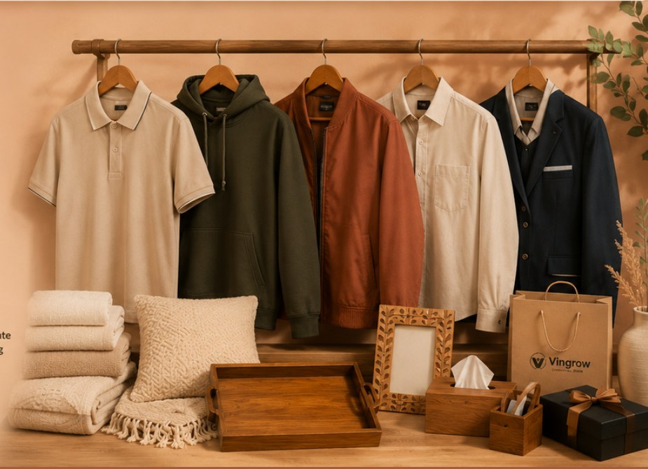 Apparel, uniforms, and branded products displayed together